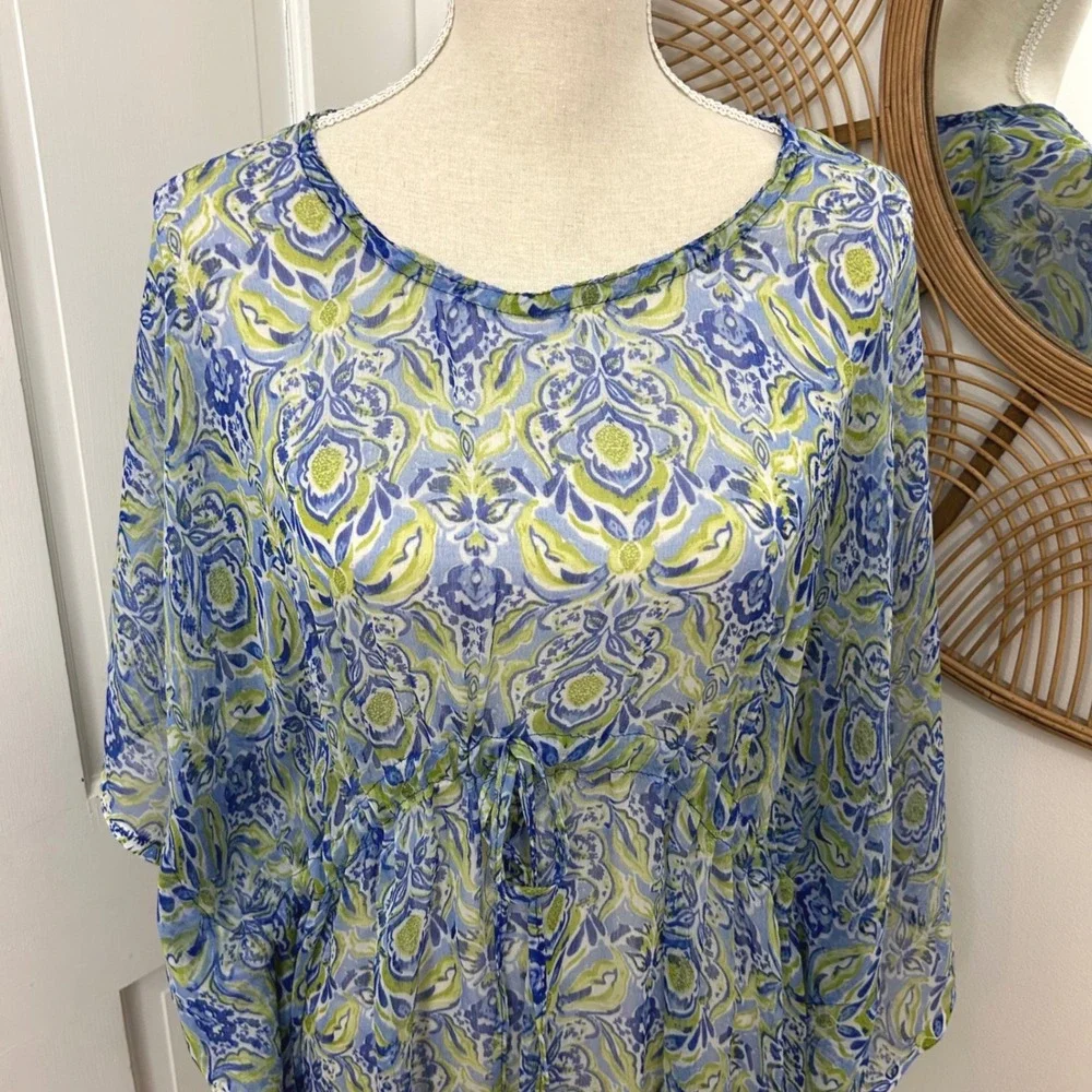 Sunflower Kaftan Swim Coverup Women Free‎ Size Blue Green Sheer Resort Cruise